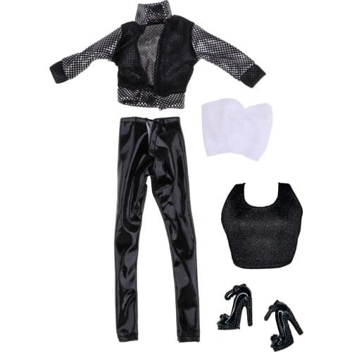 Handmade Five-piece Black Clothes with shoes Set Mesh Coat Chest Tube And Trousers For Dolls 30cm