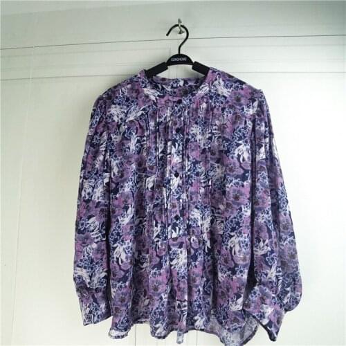 Women Shirt 2021 New Summer Small Floral Texture Printed Pleated Thin Breathable Long Sleeve Blouse