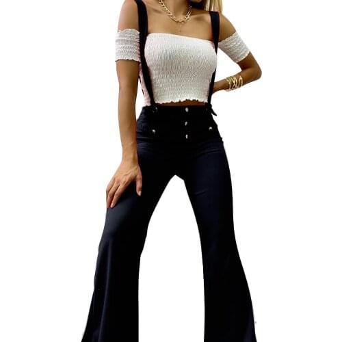 Women Summer Overalls Rompers Wide Leg Pants Korean Style Casual Black Elastic Waist Jumspuit Suspender Trousers Streetwear D30
