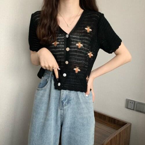 Women Knitted Cardigan Bee V-neck Hollow Embroidered Short Sleeve Thin Top Cute Little Wholesale 2021 New Fashion Lady Clothing