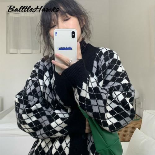 Ladies Cardigans Long Sleeve Knitted Argyle Sweater Women Korean Pink Vest Sweaters Female Jumpers Cardigan Jacket with Buttons