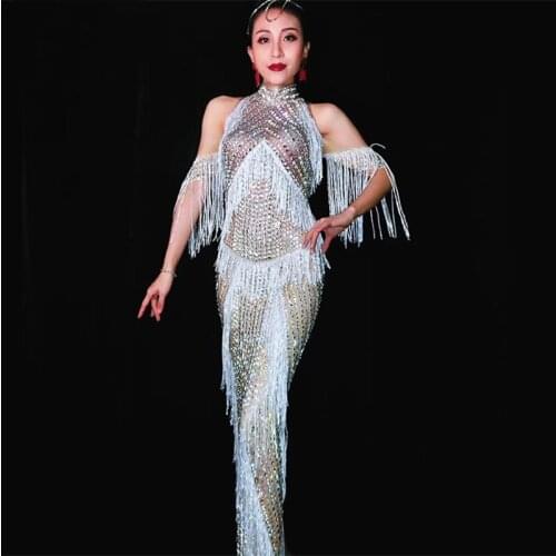 2019 Dress Fashion Luxurious Crystals Fringes Long Dresses Woman Sexy Tassels Costume Singer Performance Stage Show Wear DT513