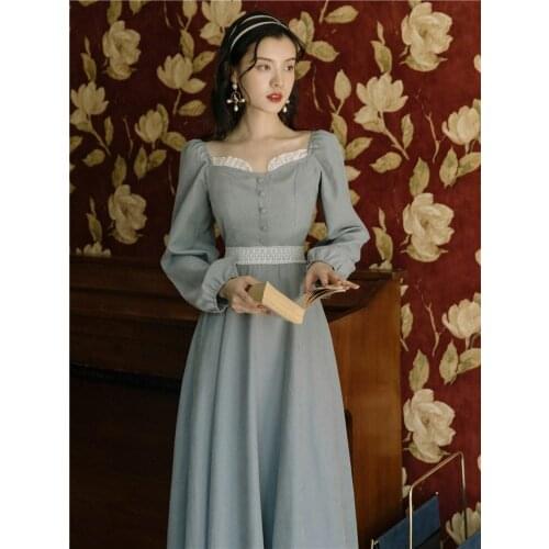 Korean Fashion Elegant Lady Midi Dress Vintage Puff Sleeve Square Collar Lace Retro Women Outfits Vestido Mujer Autumn Spring