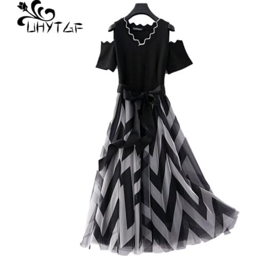 UHYTGF Women Summer Dress Fashion Striped Wave Pattern Mesh Elegant Dresses Black Short Sleeve Off Shoulder Sexy Dress 4XL1621