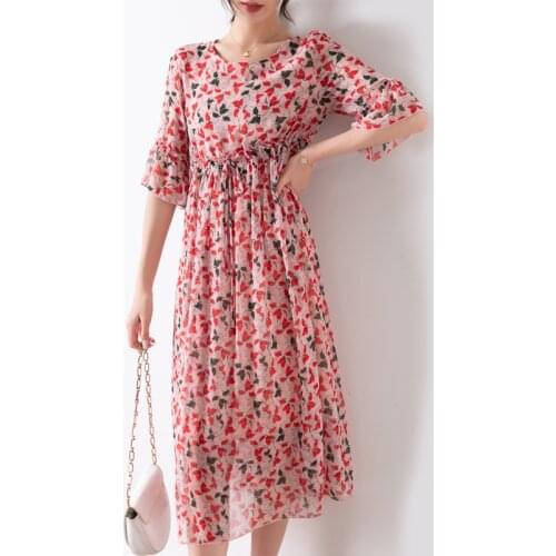 Lilashorn High Grade Elegant Floral Georgette Heavy Mulberry Silk Dress New 2021 Summer Women cothing Tie Waist Slim Skirt