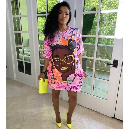 Women Summer Casual Loose T Shirt Dress Short Sleeve O Neck Cartoon Print Oversize Mini Dress Femme Tops Streetwear Tee Vestidos
