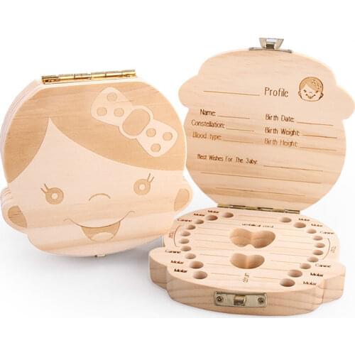 Tooth Box organizer for baby save Milk teeth Wood storage box great gifts 3-6Years creative for Spanish&Russian&English
