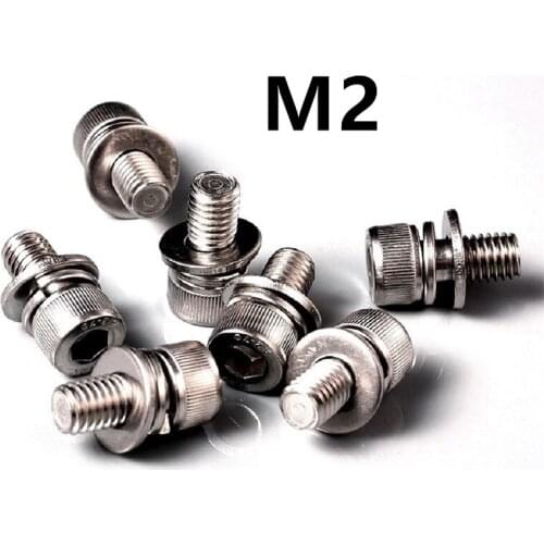 100pcs/lot M2x4/5/6/8/10/12mm Stainless steel hex socket cap screw bolt with washer three combination sems screws