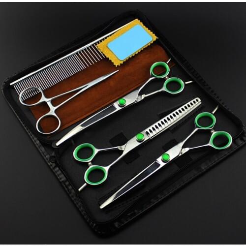 5 kit Professional Japan 440c 7 inch green dog grooming hair scissors pet cutting barber thinning shears hairdressing scissors