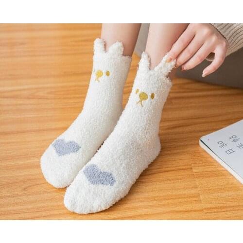 5 Pairs/Lot Ladys Fashion Sweet Cartoon Rabbit Coral Fleece Socks Winter Warm Thickened Household Sleep Socks