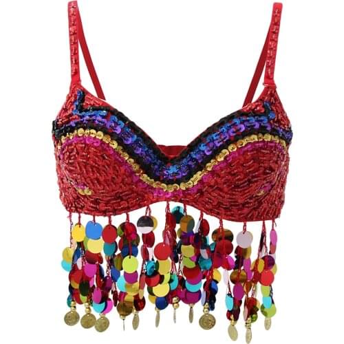 Glitter Tribal Belly Dance Bra Tops Colorful Rainbow Sequin Coins Tassel Crop Top Sexy Party Club Tank Top Festival Ravewear