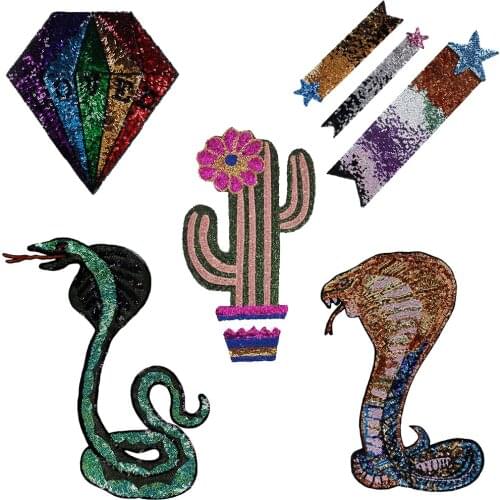 Large Cobra Snake Patches Meteor Star Sky Sequin Love Diamond Applique Big Cactus Patches for Jacket Clothing Patches TH1316