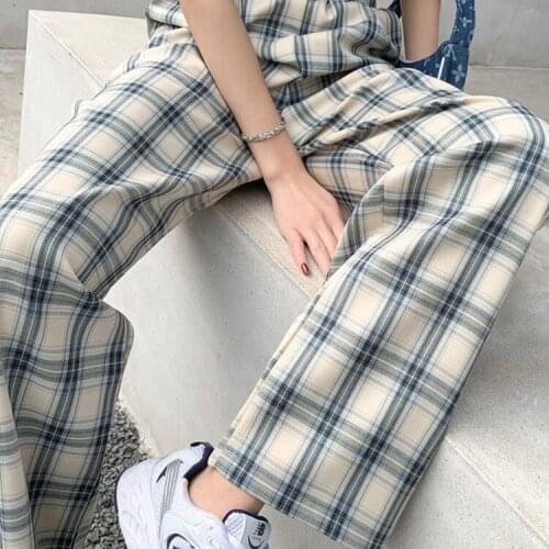 Blue plaid wide-leg pants womens spring and autumn summer thin section high waist drape loose straight casual trendy pants