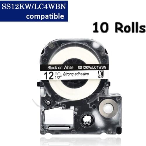 CIDY 10pcs 12MM Black on White SS12KW/LC-4WBN9 tape for kingjim/epson label printer LW300 LW400 SR150 LW-600P