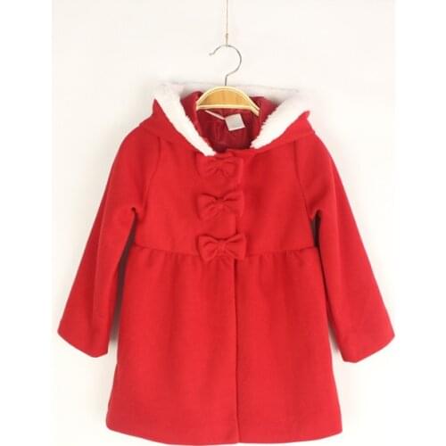 Baby Girls Red Woolen Outerwear Jacket Girls Thicker Autumn Winter Hooded Coat Kids Red Woolen Bow Jacket Child Red Coat