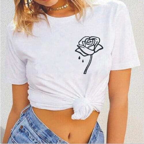 Rose Pattern Print T-shirt Womens Casual Plus Size Harajuku Tees Summer New Fashion Round Neck Cotton T-shirts Camiseta Mujer