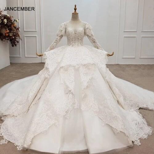 HTL1421 Wedding Dresses Detachable Puff Sleeve Wedding Gowns Tiered Lace Applique Zipper Pearl Back abiti da sposa colorati