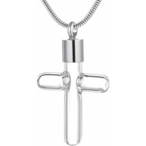 IJD9890 Stainless Steel Glass Cross Cremation Pendant Memorial Necklace Ashes Holder Urn for Pet/Human Keepsake Funeral Jewelry