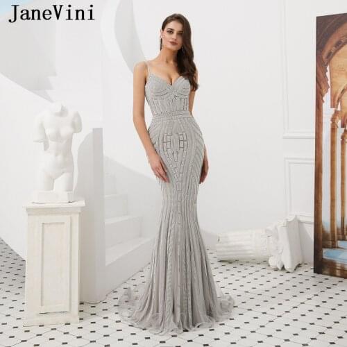 JaneVini Luxury Beaded Dubai Long Evening Dresses for Women 2019 Spaghetti Straps Sexy Mermaid Muslim Prom Gowns Robe De Soiree