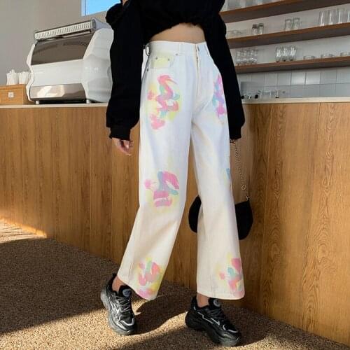 White Printed Capris Wide-Legged Korean Vintage Clothes WomenS High Waist Trousers Fashion Jeans Pants For Girls 2021 Autumn
