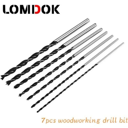 LOMDOK 7PCS 3 Flute wood Drill Bits Set 4mm-12mm 12 inch Brad Point Twist Drill Bits Set 300mm long Carpentry Wood Drilling Tool