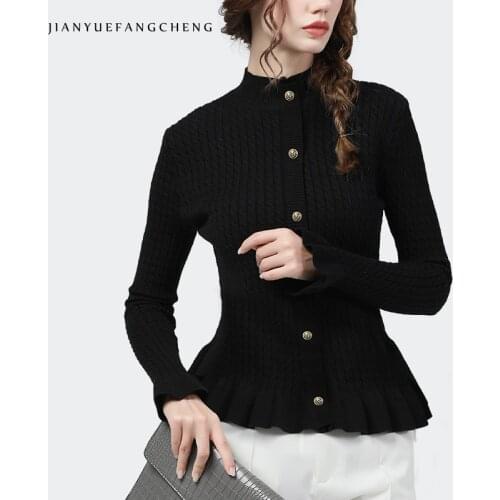 Fashion Black Slim Short Women' Wool Sweater Autumn Winter New Long Flared Sleeve High Neck Single-Breasted Knitted Cardigans