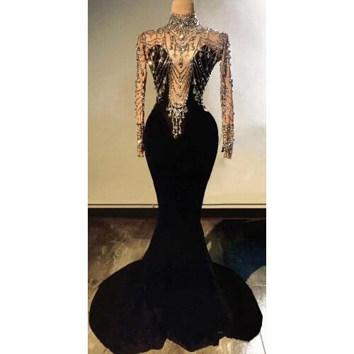 Nightclub Women Singer Host Sexy Wrap Dress Black Velvet Crystal Chain Birthday Noble Tailed Dresses Adult Stage Costume DB3032