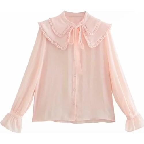 Za Women New Spring Autumn Sweet Doll Collar Blouses Long Sleeve Chiffon Shirt Ladies Solid Color Tops lotus leaf Shirt