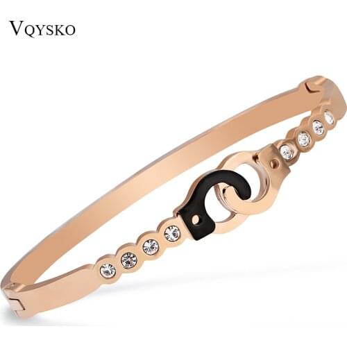 New 2017 Titanium steel Handcuffs Open Bangles For Women Rose-Gold Color Pave Cubic Zirconia Lock Design
