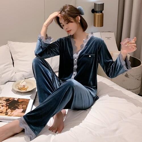 Autumn Winter 2PCS Pajamas Set Velvet Female Sleepwear Long Sleeve Sleep Set Nightwear Casual Bathrobe Shirt&pant Homewear