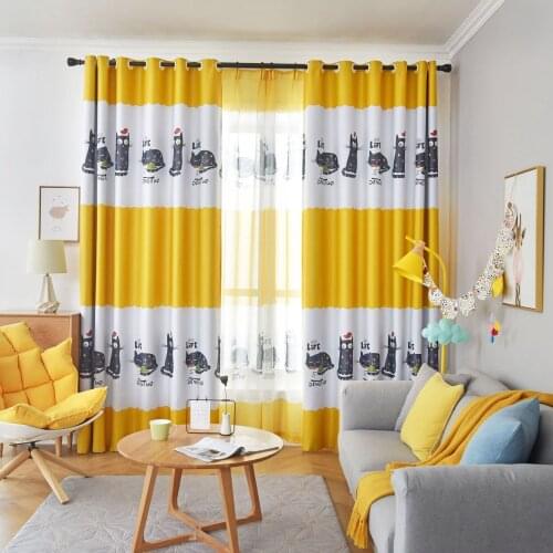 Cartoon Cat Blackout Curtains For Livingroom Kids Boy Nursery Yellow Blue Kitchen Window Treatment Drapes zh482C