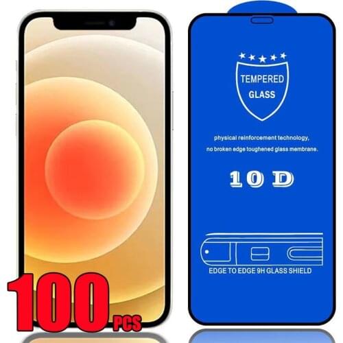 100pcs 10D Tempered Glass Full Glue Coverage Curved Screen Protector Film For iPhone 12 Mini 11 Pro Max XS XR X 8 7 6 Plus SE