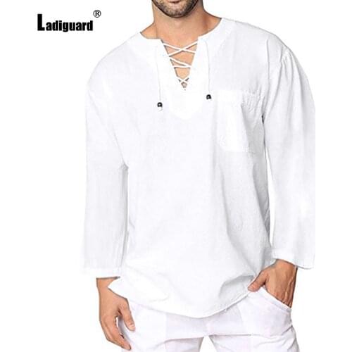 Ladiguard Fashion Lace-up V-neck Shirt Basic Linen Tops Sexy Men clothing 2021 Summer Casual Pullovers Long Sleeve Mens Blouse