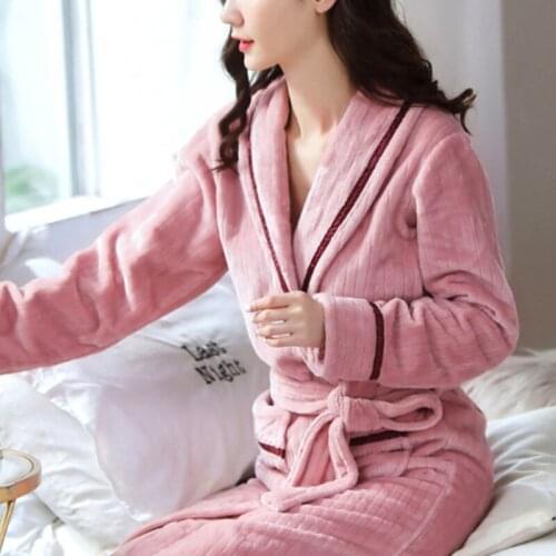 Winter Female Flannel Nightgrown Thick Thermal V Neck Knee Length Women Pajamas Fashion Sashes Warm Solid Sleepwear