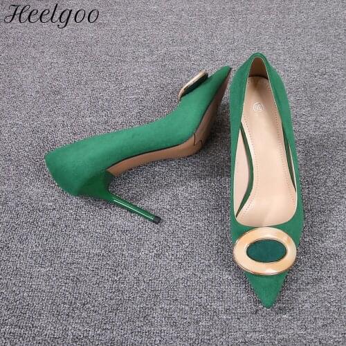 Heelgoo Women Flock Pointy Toe Stiletto Pumps 9cm High Heel Elegant Ladies Fashion Dress Shoes Black Green Red Wide Feet 33-46