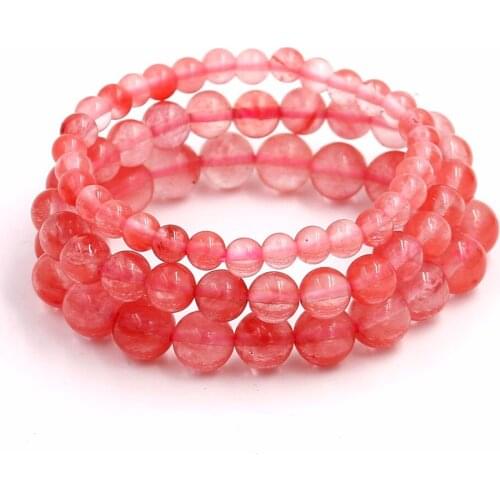 Brand Natural Strawberry Crystal Stone Bracelet Women Jewelry Classic Pink Beaded Bracelets for Girls 3 Size for Choose
