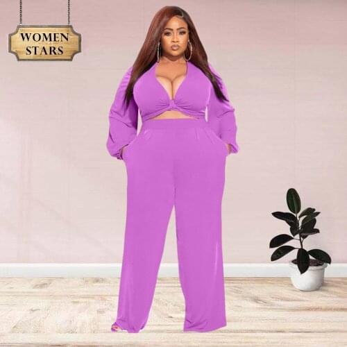 Fall Clothes for Women Plus Size Two Piece Set V Neck Bandage Top Wide Leg Pants Elegant Streetwear Wholesale Dropshipping