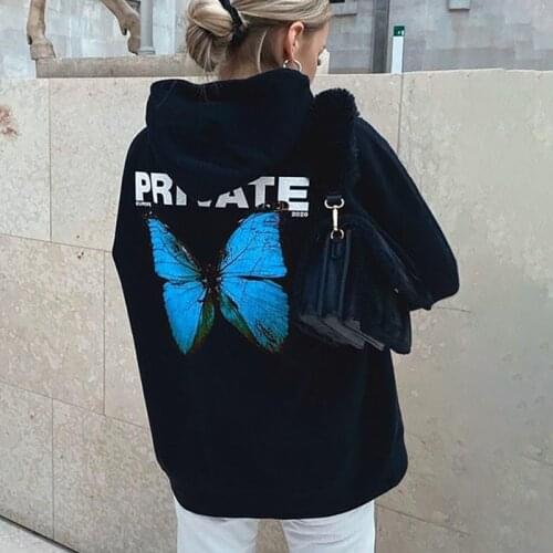 Blue Hoodie Women Casual Butterfly Print Long Sleeves Hooded Top Femme 2021 Ladies Fashion Tops Fall Winter Pullovers Sweatshirt