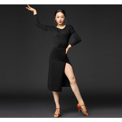 Latin Dance Practice Dress For Women Adult Long Sleeve Black/Blue Latin Clothes Rumba Tango Samba Dance Training Costume DWY5020