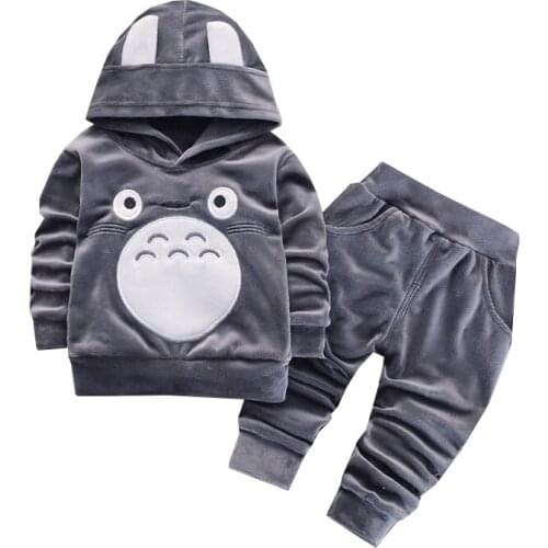1-4years old baby winter suit boys and girls plus velvet warm hooded sweater jacket + pants cartoon print quality child clothing