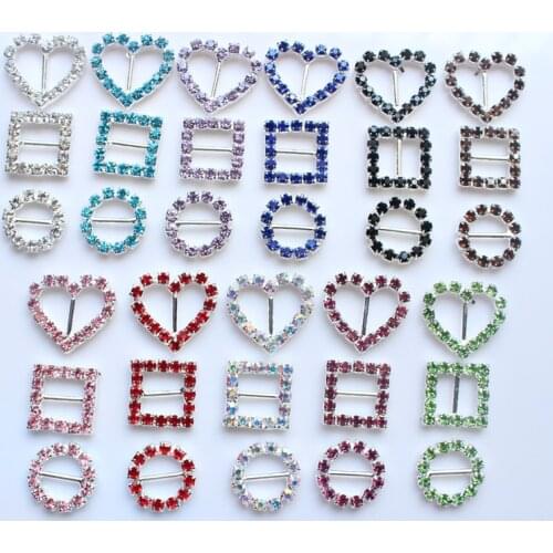 10pcs/Lot 20mm*21mm Heart Silver Multicolor Rhinestones Buckles Metal Diamante Diy Hair Accessory Bling Wedding Ribbon Fitting
