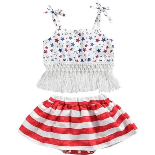 2021 Cute Baby Girl’s Two Piece Set Fresh Independence Day Print Suspender Tops and Short Pants Newborn Girls Clothing Suit