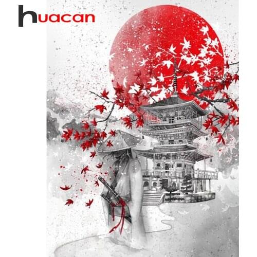 Huacan 5d DIY Diamond Painting Full Square/Round Japanese Bushido Sun Diamond Embroidery Mosaic Sakura Samurai Landscape Puzzle