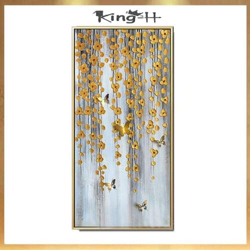 Modern beautiful art for wall decoration Handmade oil painting on canvas gold leaves and butterfly landscape picture for room