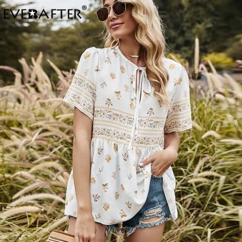 EVERAFTER Ethnic Holiday Floral Print Loose Women Blouse Summer Casual Lace up Bow White Shirt O-Neck Short Sleeve Lady Blouses
