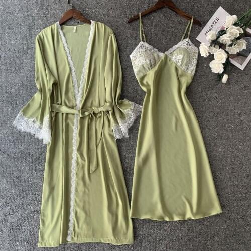 Women 2PCS Rayon Kimono Robe Sets Bride Dressing Bath Gown Lingerie Sleepwear Sexy Lace Strap Top Nightdress Autumn Home Skirt