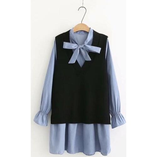 Spring Fashion Womens 2Pcs Set: Loose Long Sleeve Dress + Irregular Knitted Vest Comfortable Dress Fresh