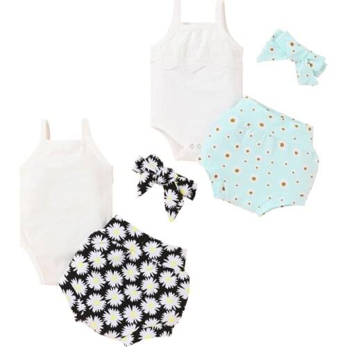 Citgeett Summer 0-18M Baby Girl 3Pcs Set Lace Ruffled Sleeveless Bodysuit+Floarl Print Shorts+Headband Clothes