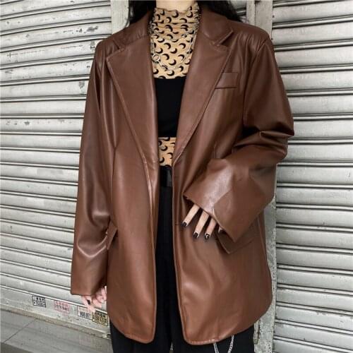 Korean PU Leather Moto Jacket Vintage Warm Female Loose Long Sleeve Suit Blazers Fashion Streetwear Womens Spring Coat