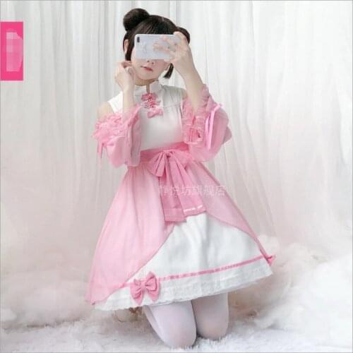 Mori Girl Cute Chinese Style Chiffon Off Shoulder Long Sleeve Dress Kawaii Sweet Dress Cos Loli Vintage Gothic Lolita Party Dres